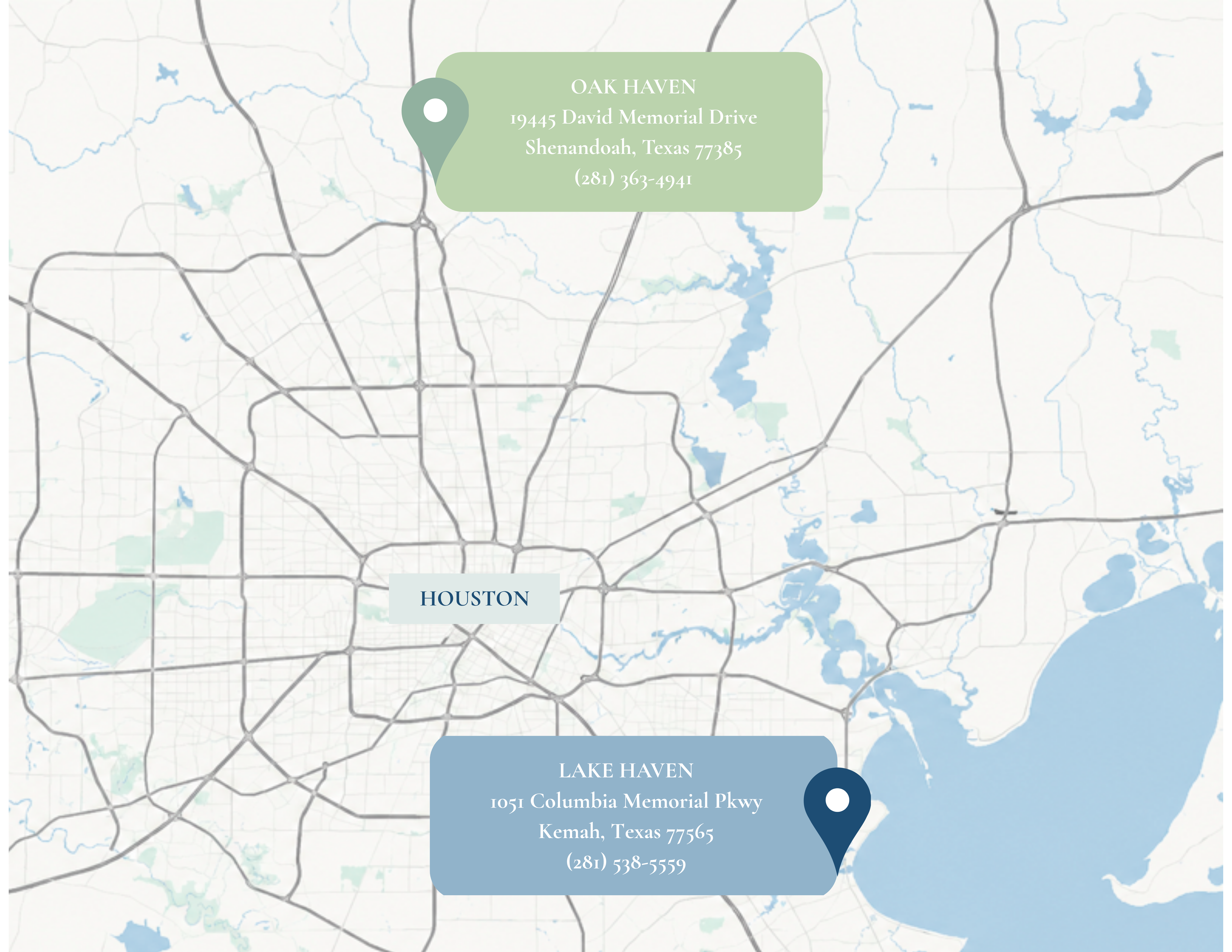 Map of the Houston area showing Oak Haven in Shenandoah and Lake Haven in Kemah
